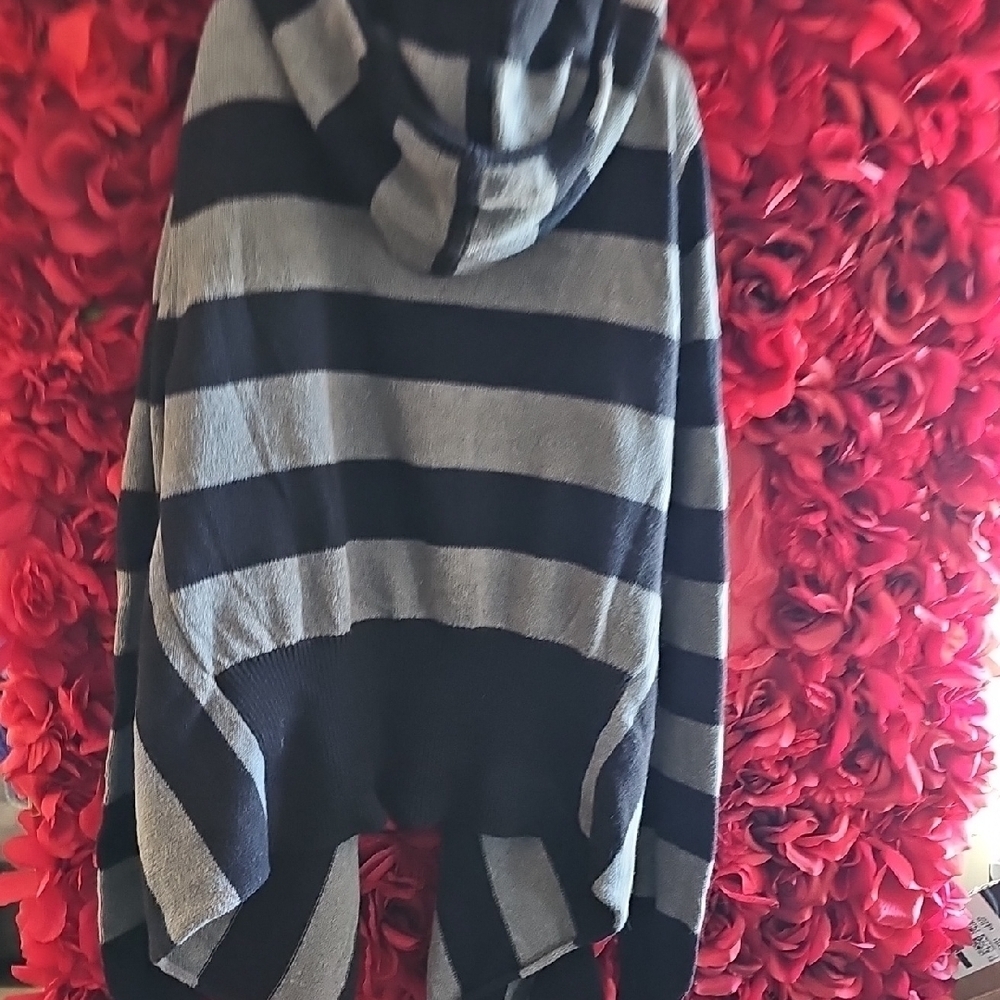 Express Women's Gray And Black Striped Hooded Asymetrical Cardigan